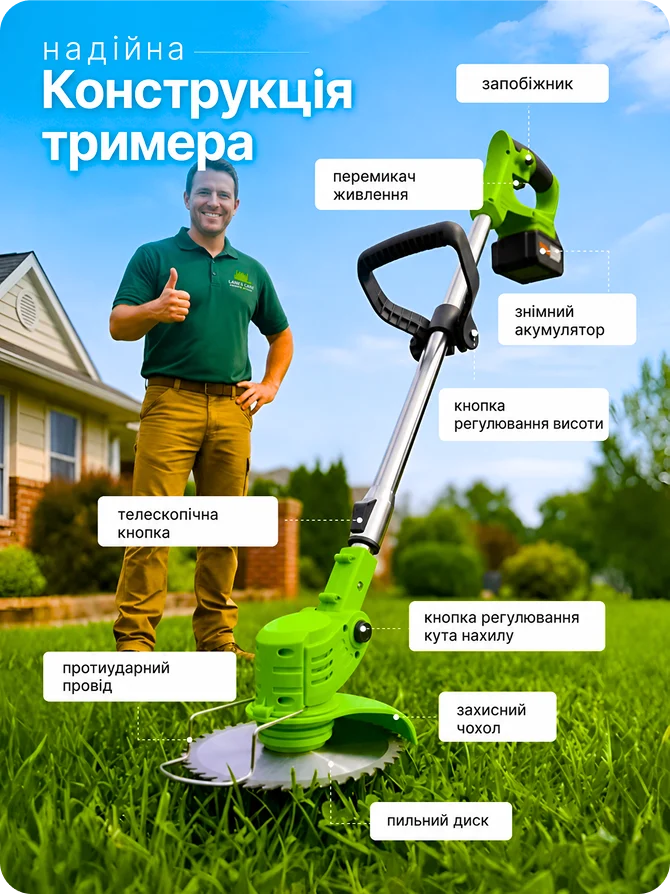 Надійна конструкція садового тримера з підписаними елементами